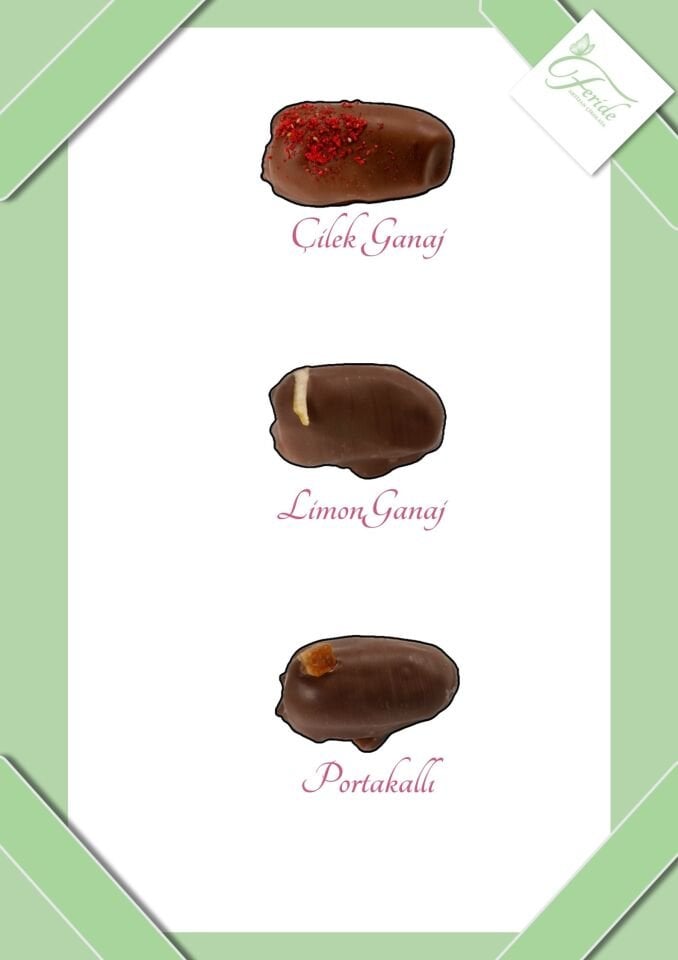 Portakal Şekerlemeli, Çilek ve  Limon Ganaj Dolgulu Çikolata Kaplı Hurma