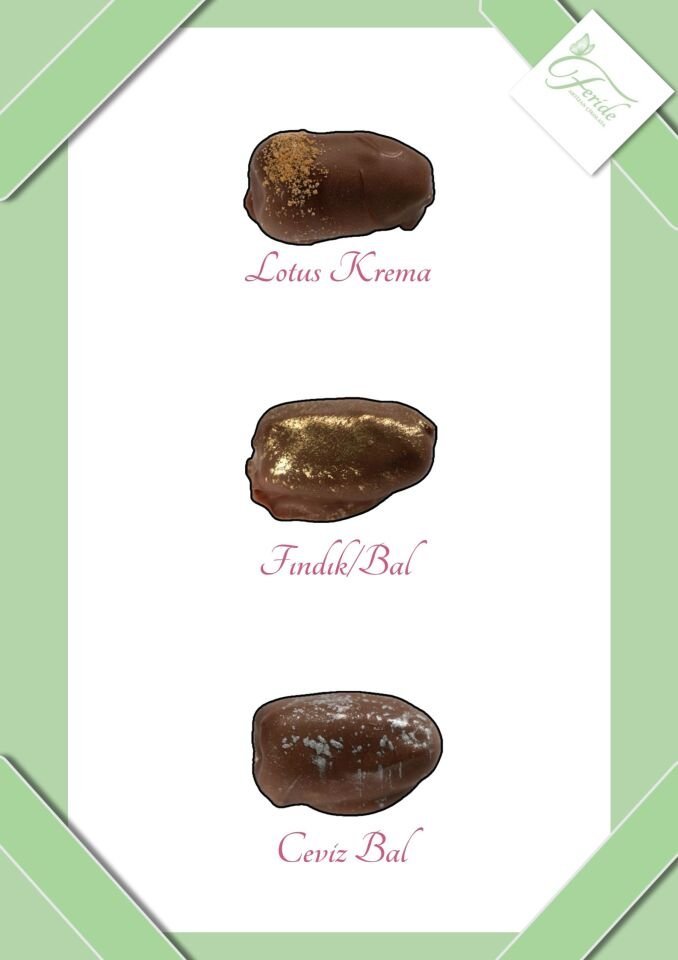 Lotus Krema, Ballı Fındık Ezme, Ballı Ceviz Ezme Dolgulu Çikolata Kaplı Hurma